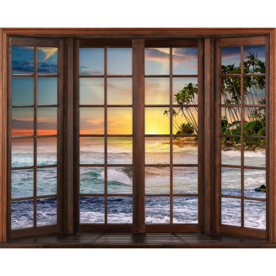Papier peint panoramique Trompe l'œil Fenêtre en bois - Vue Mer