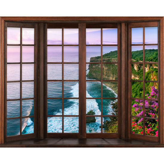 Papier peint panoramique Trompe l'œil Fenêtre en bois - Vue Mer