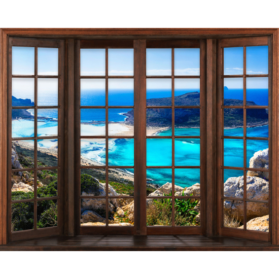 Papier peint panoramique Trompe l'œil Fenêtre en bois - Vue Mer