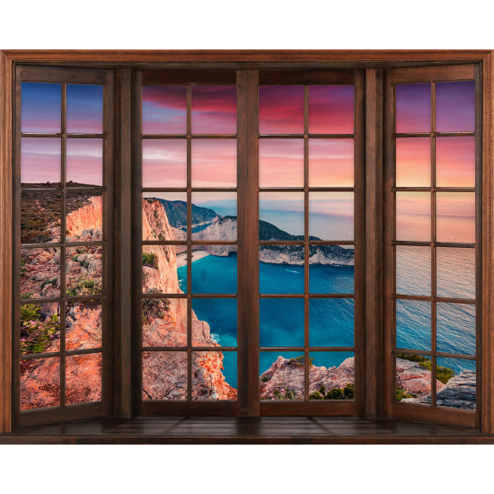 Papier peint panoramique Trompe l'œil Fenêtre en bois - Vue Mer