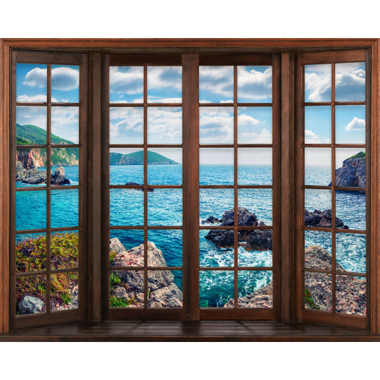 Papier peint panoramique Trompe l'œil Fenêtre en bois - Vue Mer