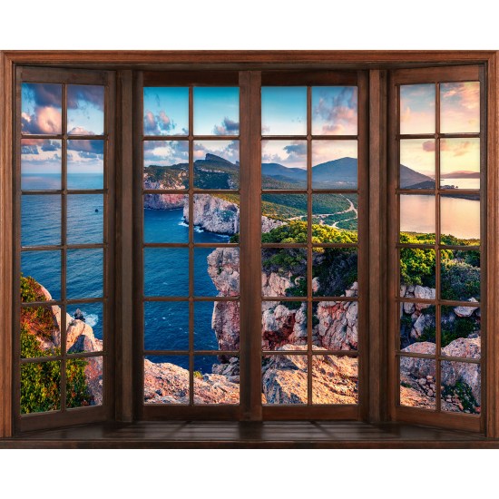 Papier peint panoramique Trompe l'œil Fenêtre en bois - Vue Mer