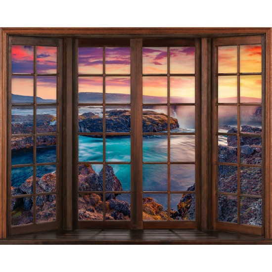 Papier peint panoramique Trompe l'œil Fenêtre en bois - Vue Mer