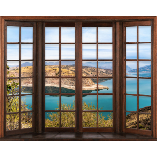 Papier peint panoramique Trompe l'œil Fenêtre en bois - Vue Mer