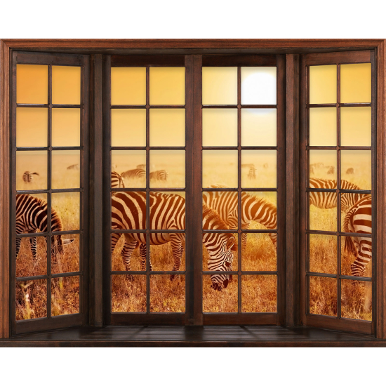 Papier peint panoramique Trompe l'œil Fenêtre en bois - Zèbres Savane