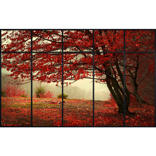 Papier peint panoramique Trompe l'œil Verrière - Arbre feuilles rouges