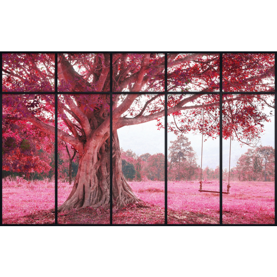 Papier peint panoramique Trompe l'œil Verrière - Arbre fleurs roses
