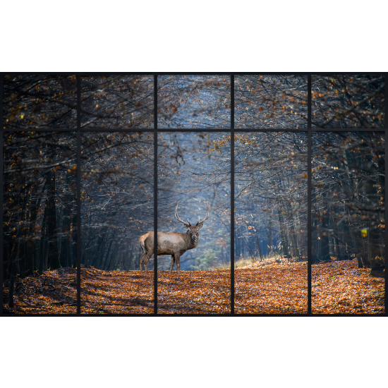 Papier peint panoramique Trompe l'œil Verrière - Cerf chemin en forêt - 152