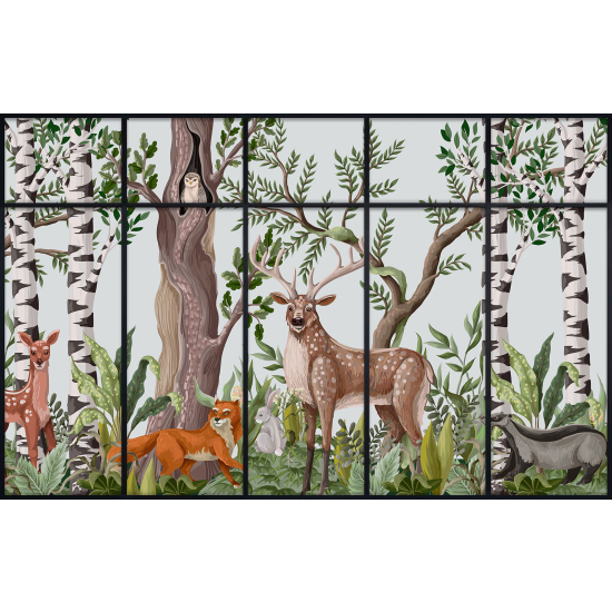 Papier peint panoramique Trompe l'œil Verrière Enfants - Animaux de la forêt