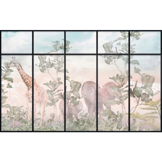 Papier peint panoramique Trompe l'œil Verrière Enfants - Animaux de la jungle
