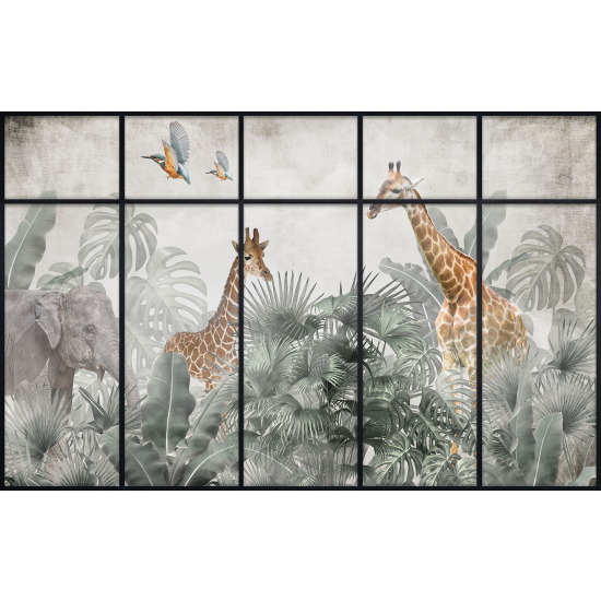 Papier peint panoramique Trompe l'œil Verrière Enfants - Animaux de la jungle