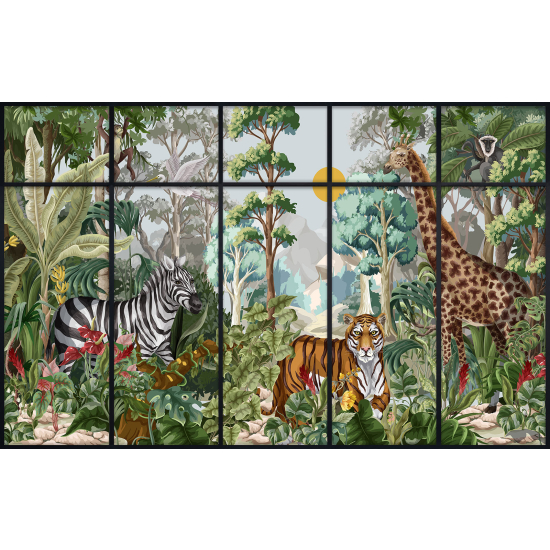 Papier peint panoramique Trompe l'œil Verrière Enfants - Animaux de la jungle