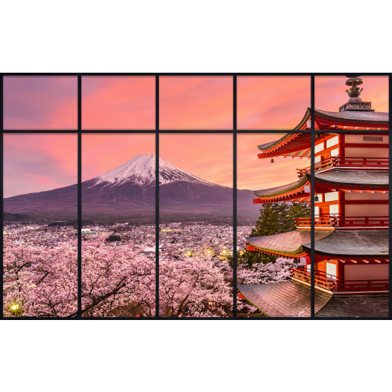 Papier peint panoramique Trompe l'œil Verrière - Temple japonais vue mont fuji
