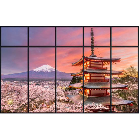 Papier peint panoramique Trompe l'œil Verrière - Temple japonais vue mont fuji