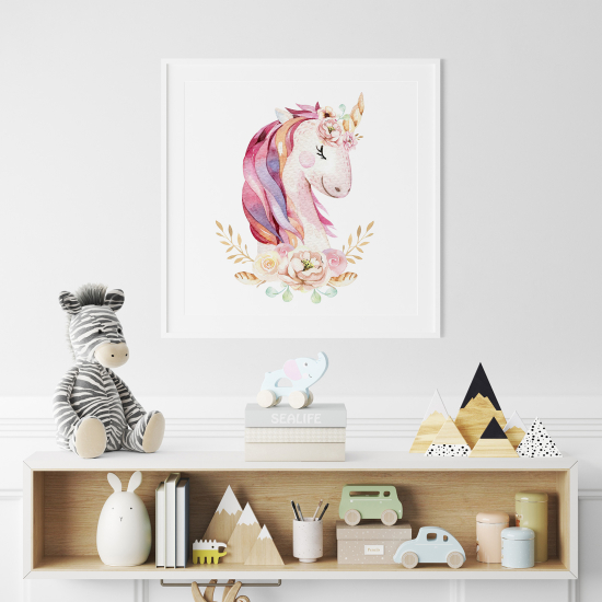 Poster / Affiche carrée Enfants - Licorne fleurs