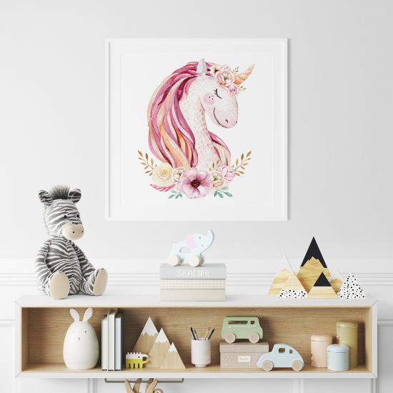 Poster / Affiche carrée Enfants - Licorne fleurs