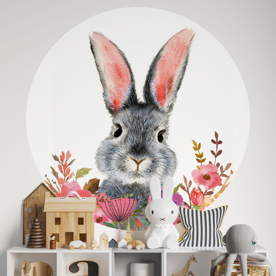 Stickers rond / cercle Enfants - Lapin Fleurs