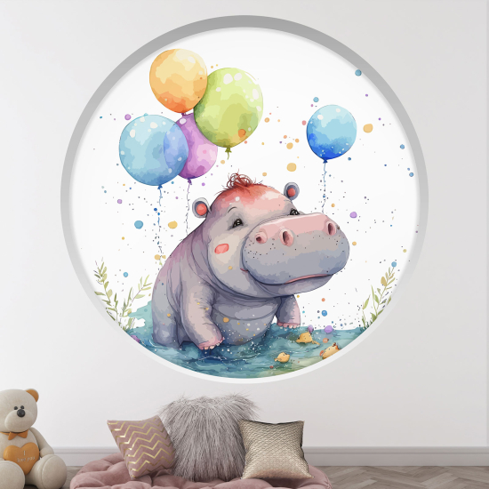 Stickers Trompe l'œil Arche ronde Enfants - Hippopotame ballons