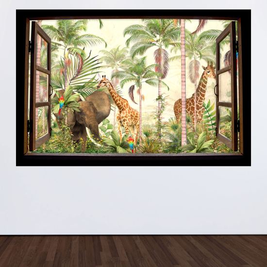 Stickers Trompe l'œil fenêtre en bois Enfants - Jungles