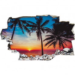 Stickers Trompe l'oeil 3D - Couché de soleil palmiers