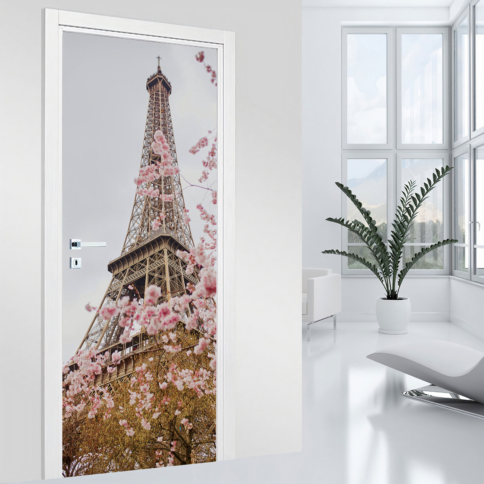 Stickers De Porte Paysage Urbain Avec Fleurs De Cerisier Et Tour Eiffel - Autocollant Amovible PVC 73x205cm - Déco Pour Chambre, Salon, Salle De Bain