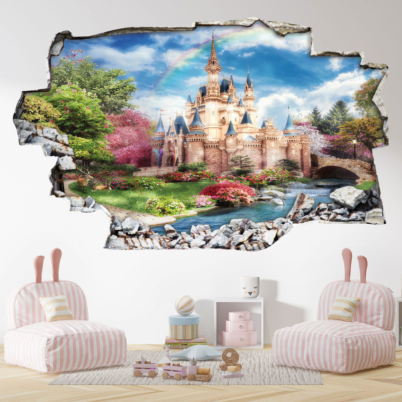 Stickers Trompe L'oeil Trou Dans Le Mur - Ciel Nuit - Pierres Grises Hauteur 80 X Largeur 120 Cm 92702227