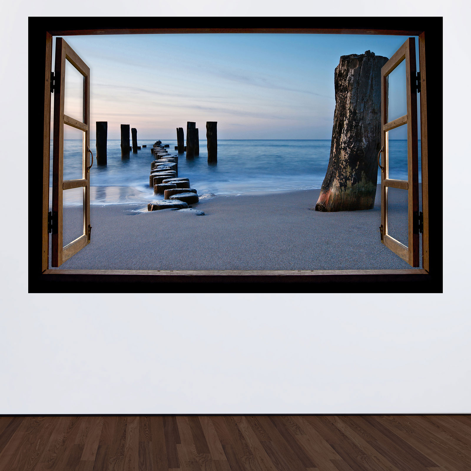Sticker Trompe L'Oeil Fenêtre Plage Oliveraie 60x75cm - Décoration Murale Adhésive Réaliste