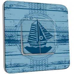 Interrupteur Décoré Double Va et Vient - Motif Marin Bleu Bois Bateau 