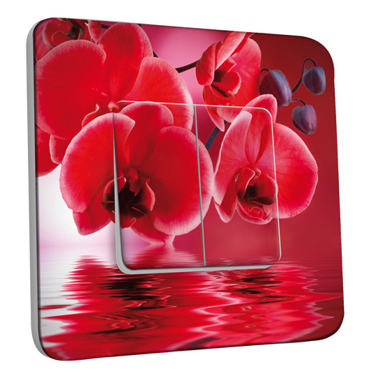 Interrupteur Décoré Double Va et Vient -  Fleurs Rouges Fond Rouge 	