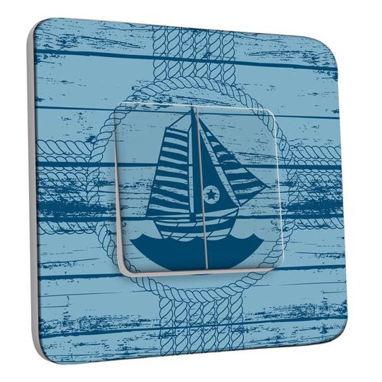 Interrupteur Décoré Double Va et Vient - Motif Marin Bleu Bois Bateau 