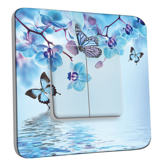 Interrupteur Décoré Double Va et Vient - Orchidée Papillon Bleu
